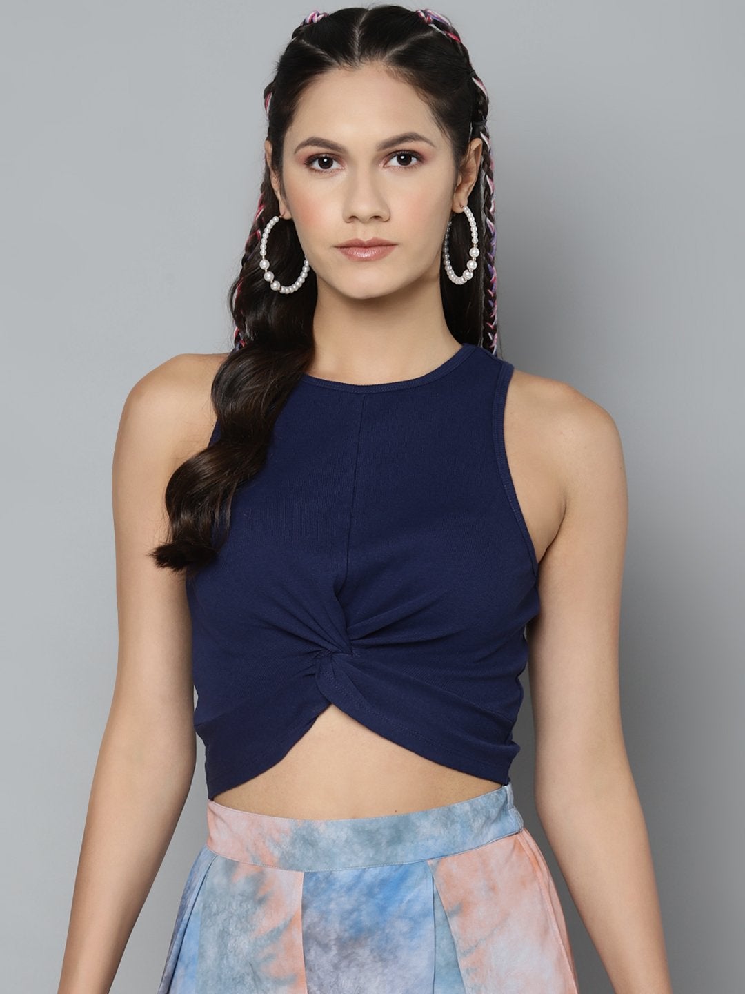 Women's Navy Blue Front Knot Crop Top