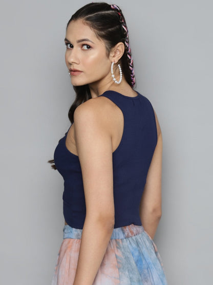 Women's Navy Blue Front Knot Crop Top