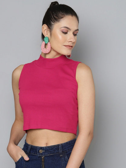 Women's Fuchsia High Neck Crop Top