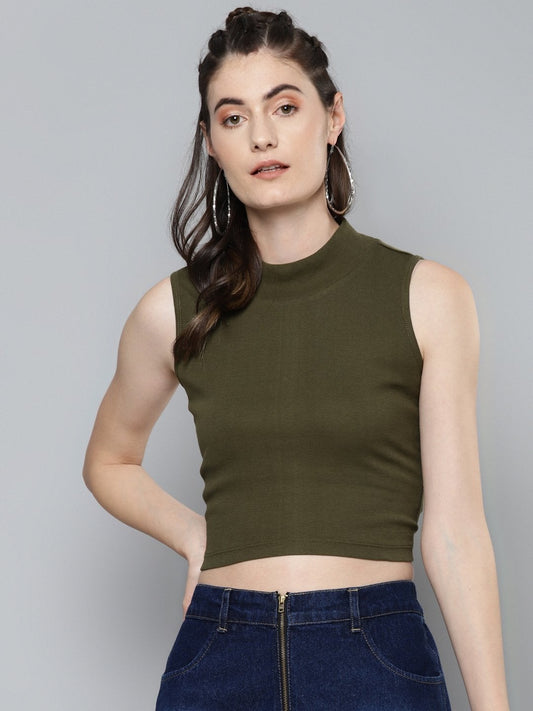 Women's Olive High Neck Crop Top