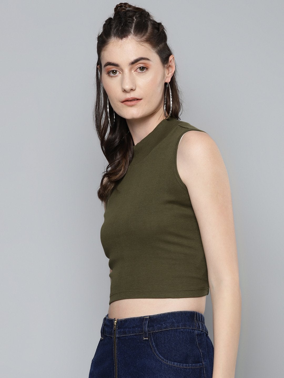 Women's Olive High Neck Crop Top