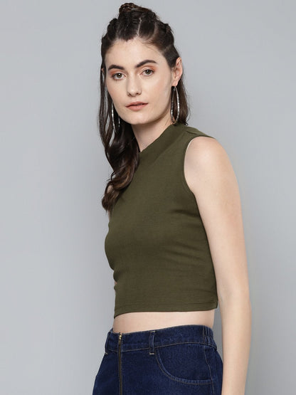 Women's Olive High Neck Crop Top