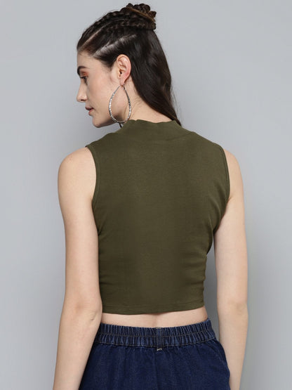 Women's Olive High Neck Crop Top