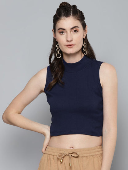 Women's Navy High Neck Crop Top