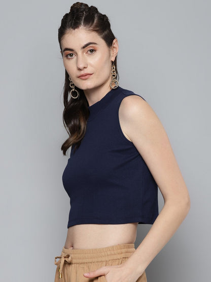 Women's Navy High Neck Crop Top