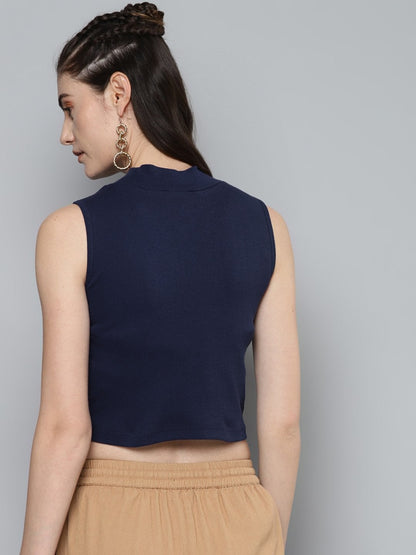 Women's Navy High Neck Crop Top