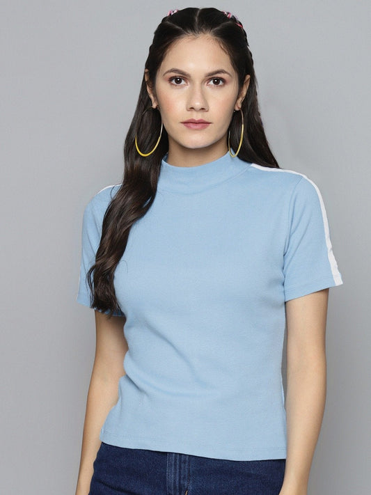 Women's Blue Tape Detail At Sleeve Top