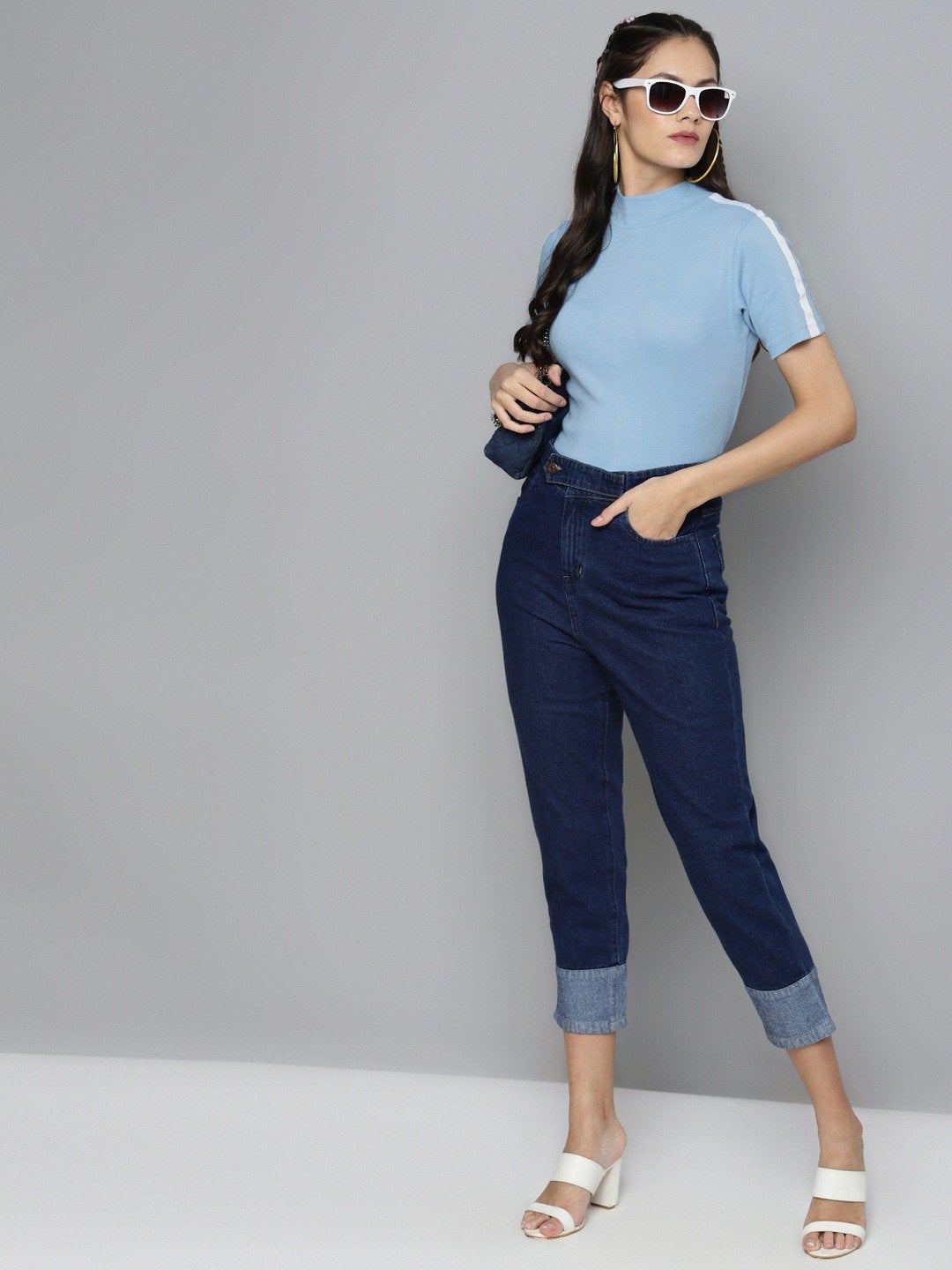 Women's Blue Tape Detail At Sleeve Top