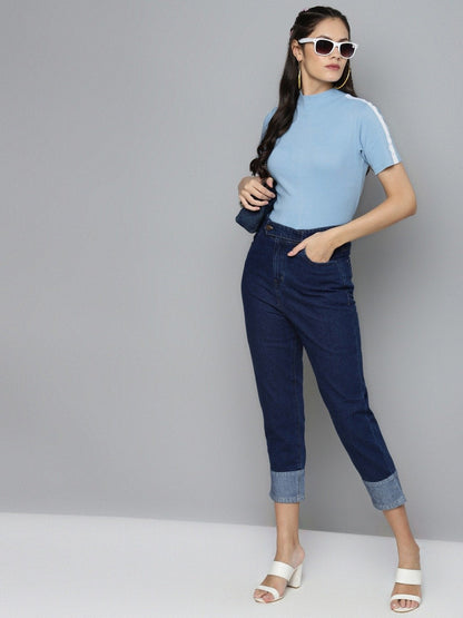 Women's Blue Tape Detail At Sleeve Top