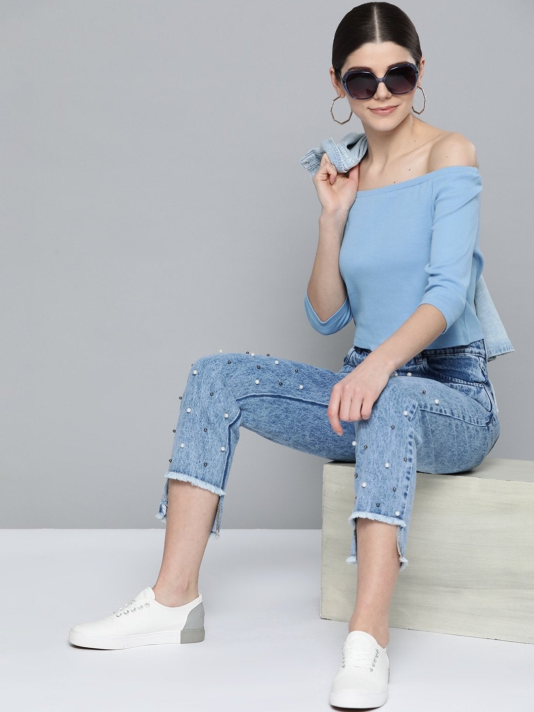 Women's Blue Bardot Crop Top