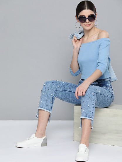 Women's Blue Bardot Crop Top