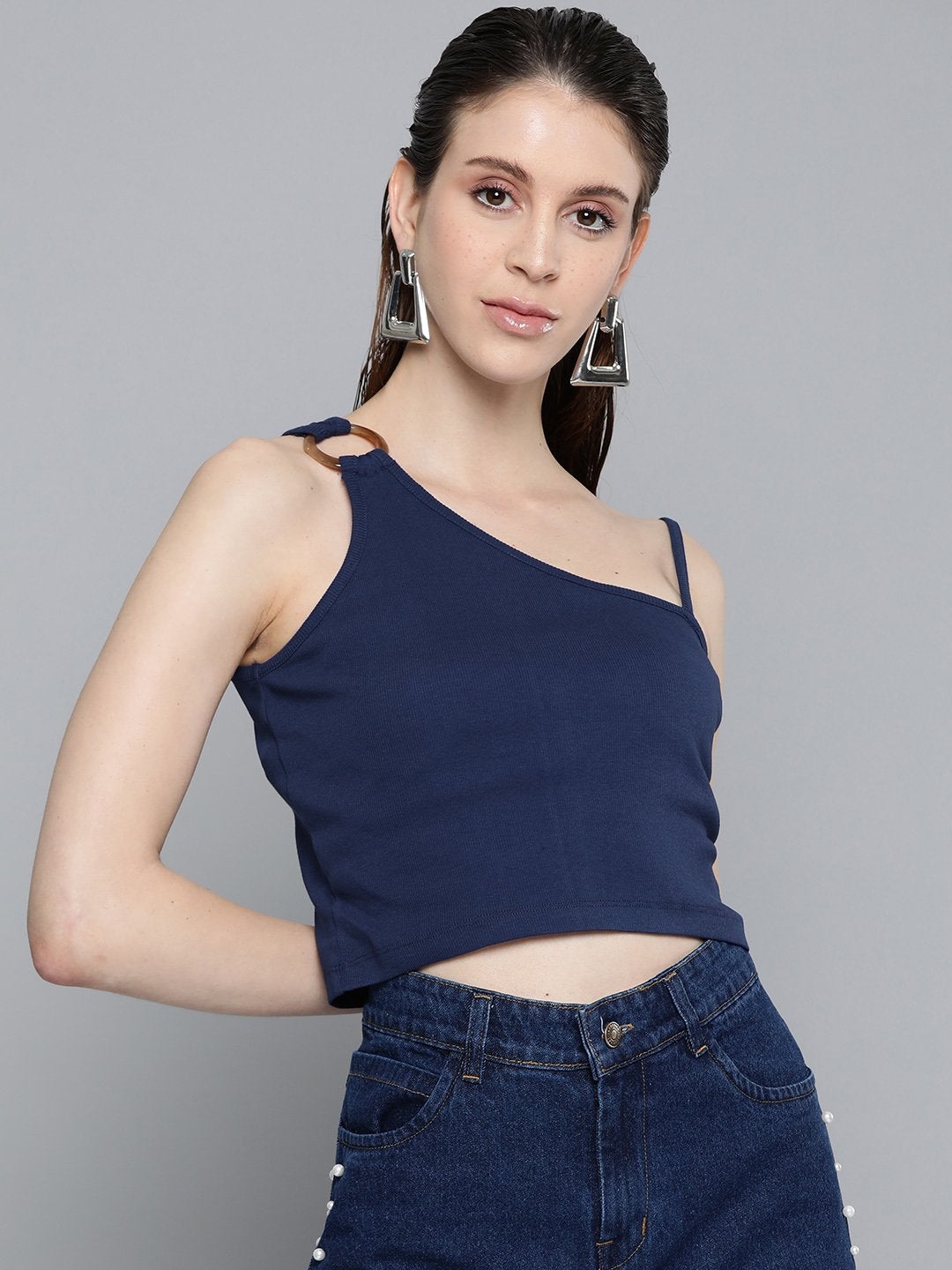 Women's Navy One Shoulder Strappy Top