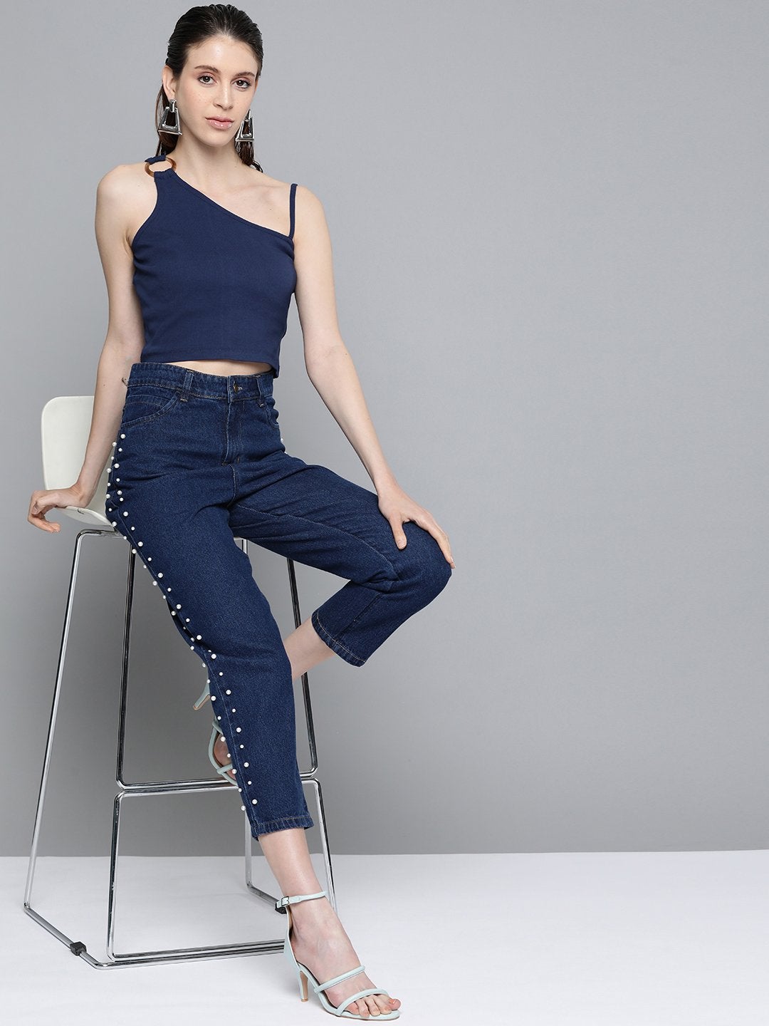Women's Navy One Shoulder Strappy Top