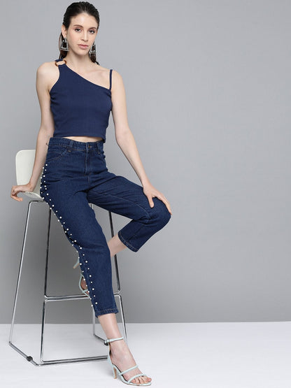 Women's Navy One Shoulder Strappy Top