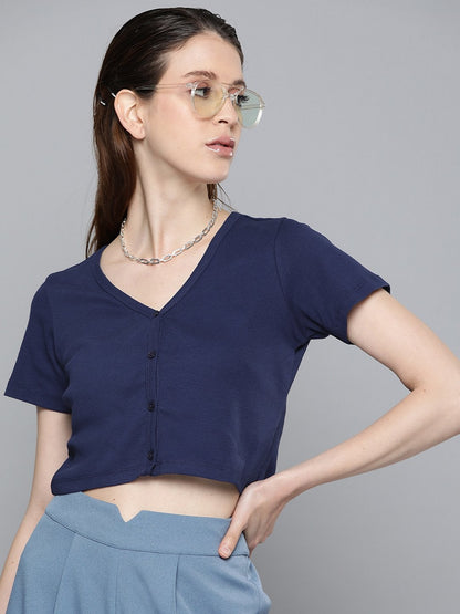 Women's Navy Front Button Crop Top