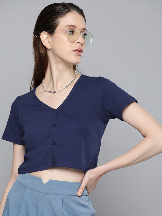 Women's Navy Front Button Crop Top