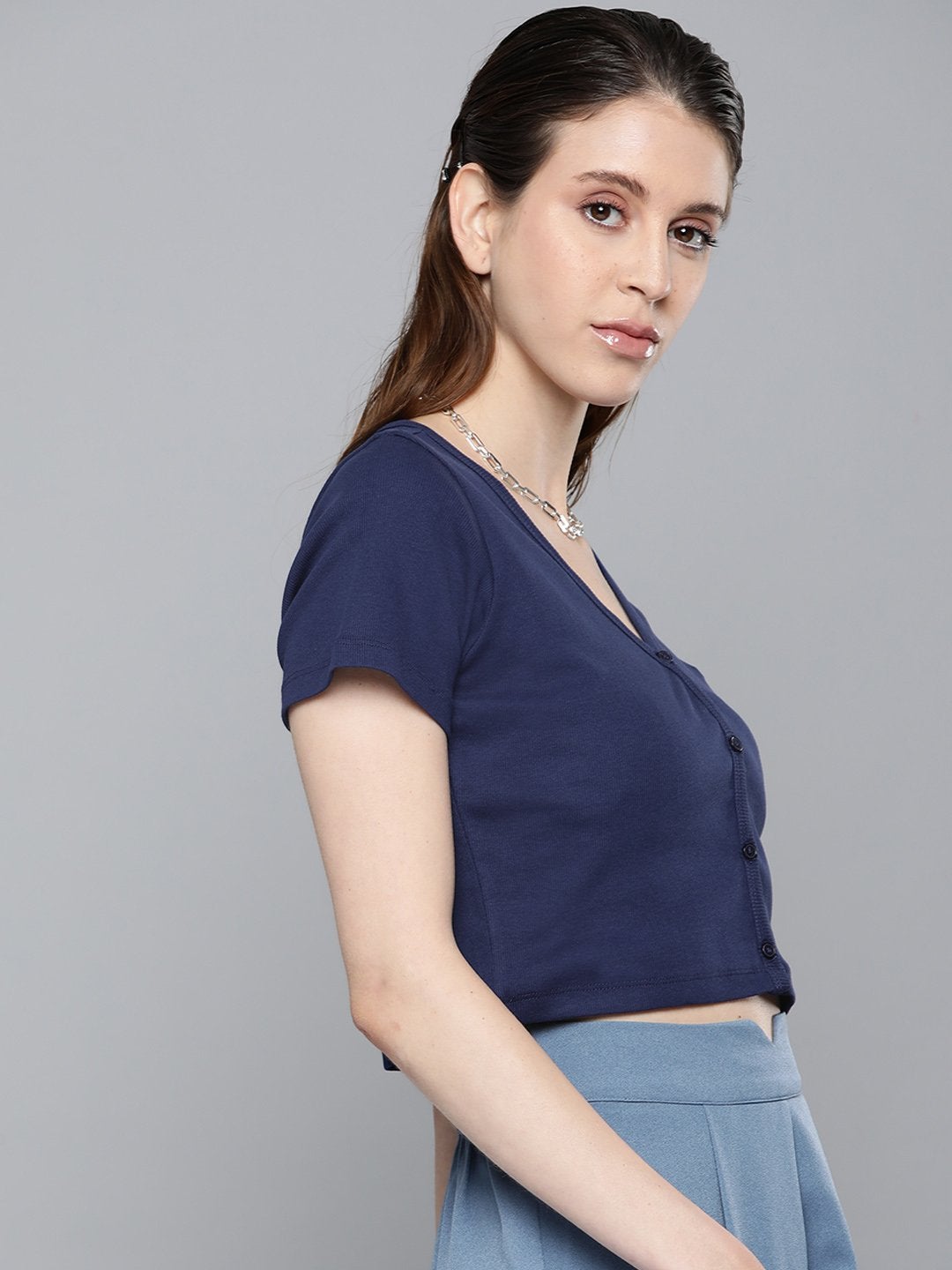 Women's Navy Front Button Crop Top