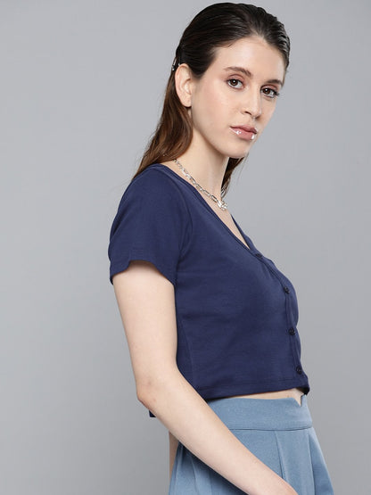 Women's Navy Front Button Crop Top
