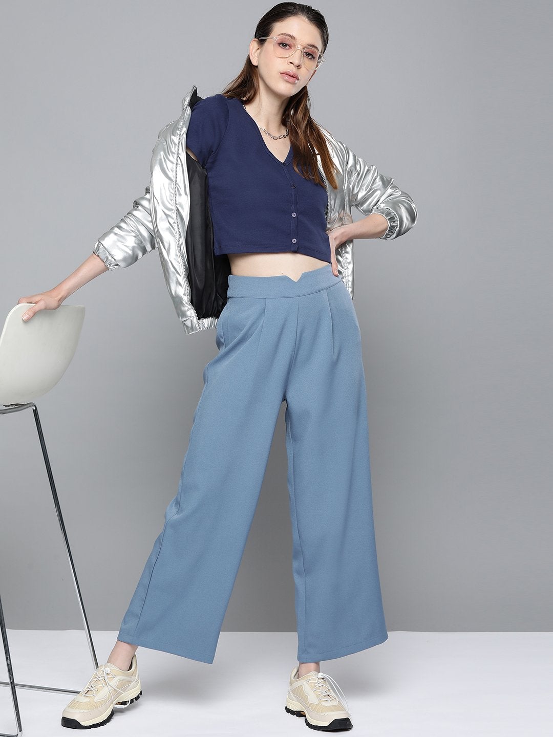 Women's Navy Front Button Crop Top