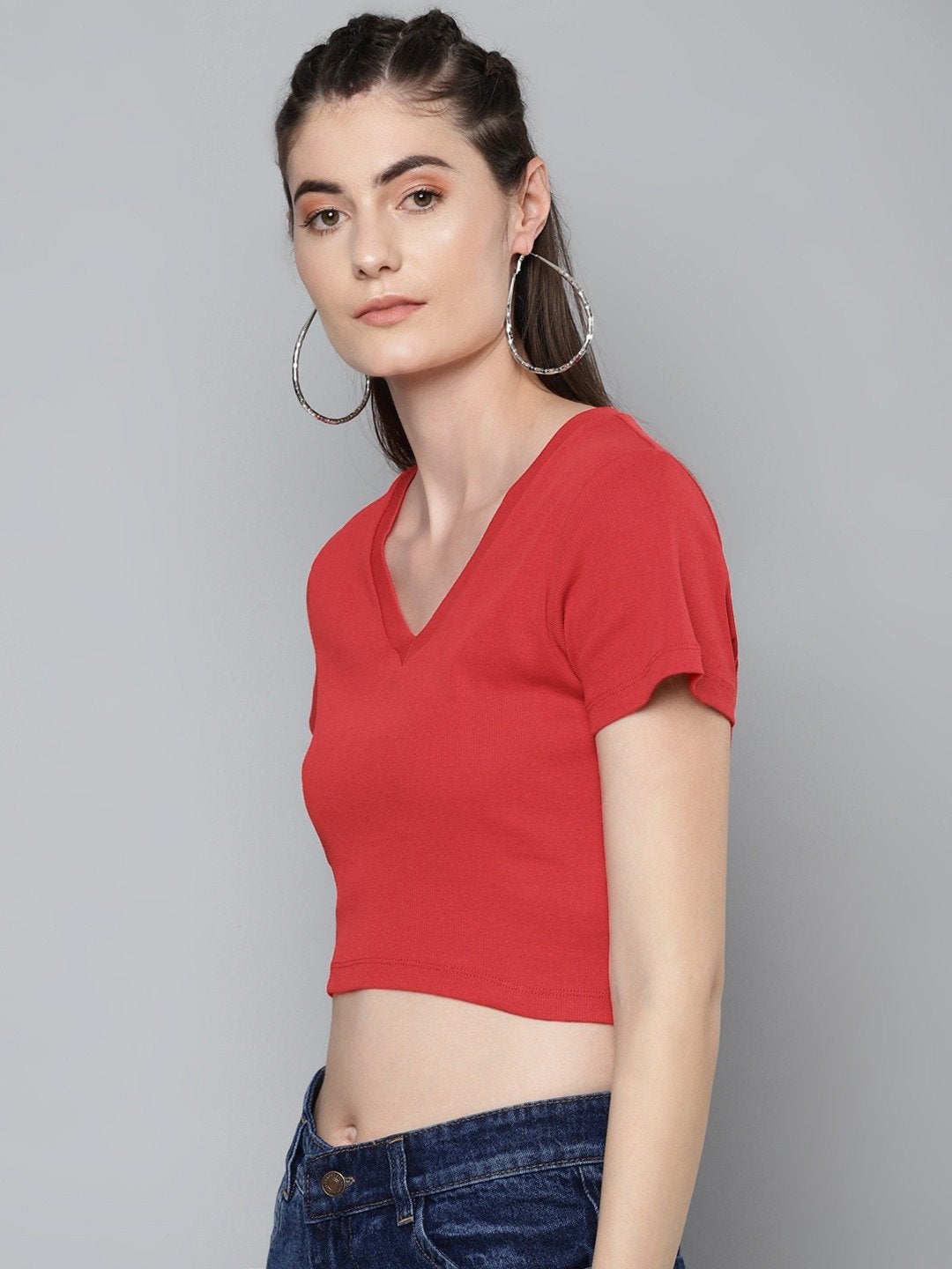 Women's Red V-Neck Crop Top