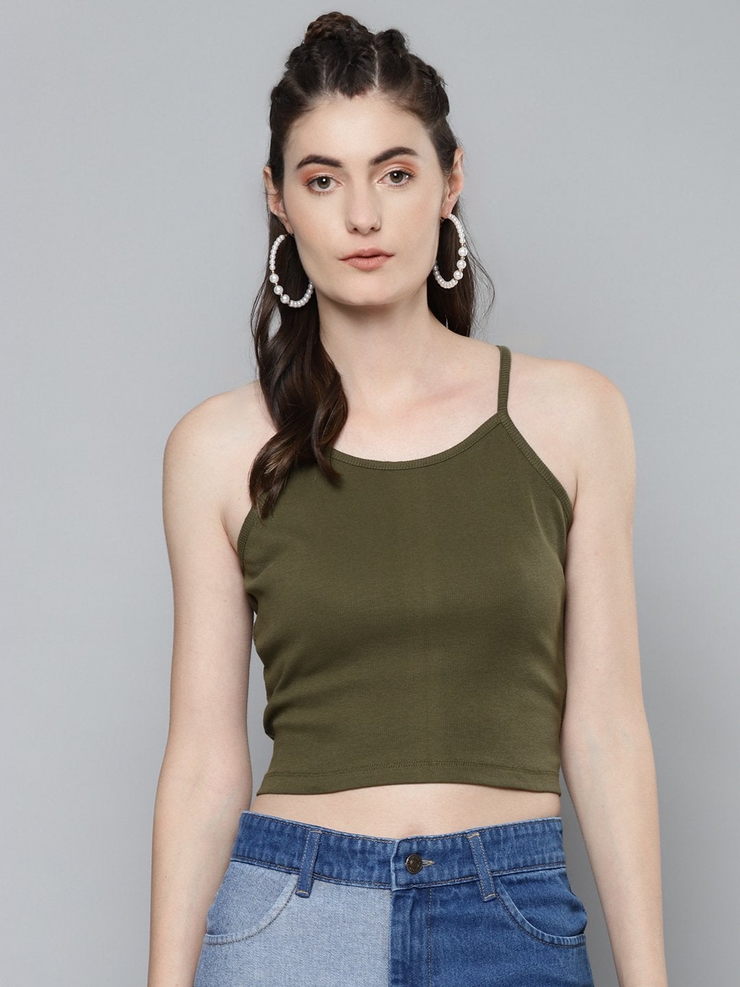 Women's Olive Strappy Box Back Crop Top
