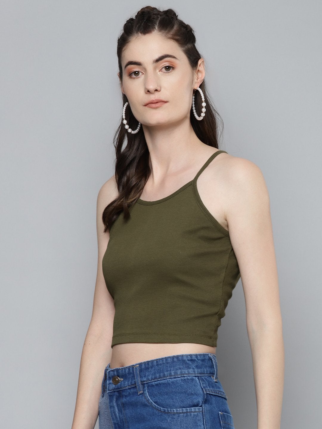 Women's Olive Strappy Box Back Crop Top