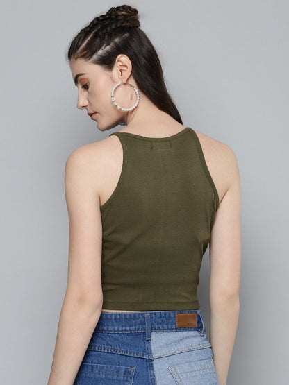 Women's Olive Strappy Box Back Crop Top