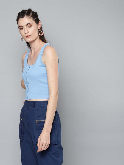 Women's Blue Front Button Sleeveless Crop Top