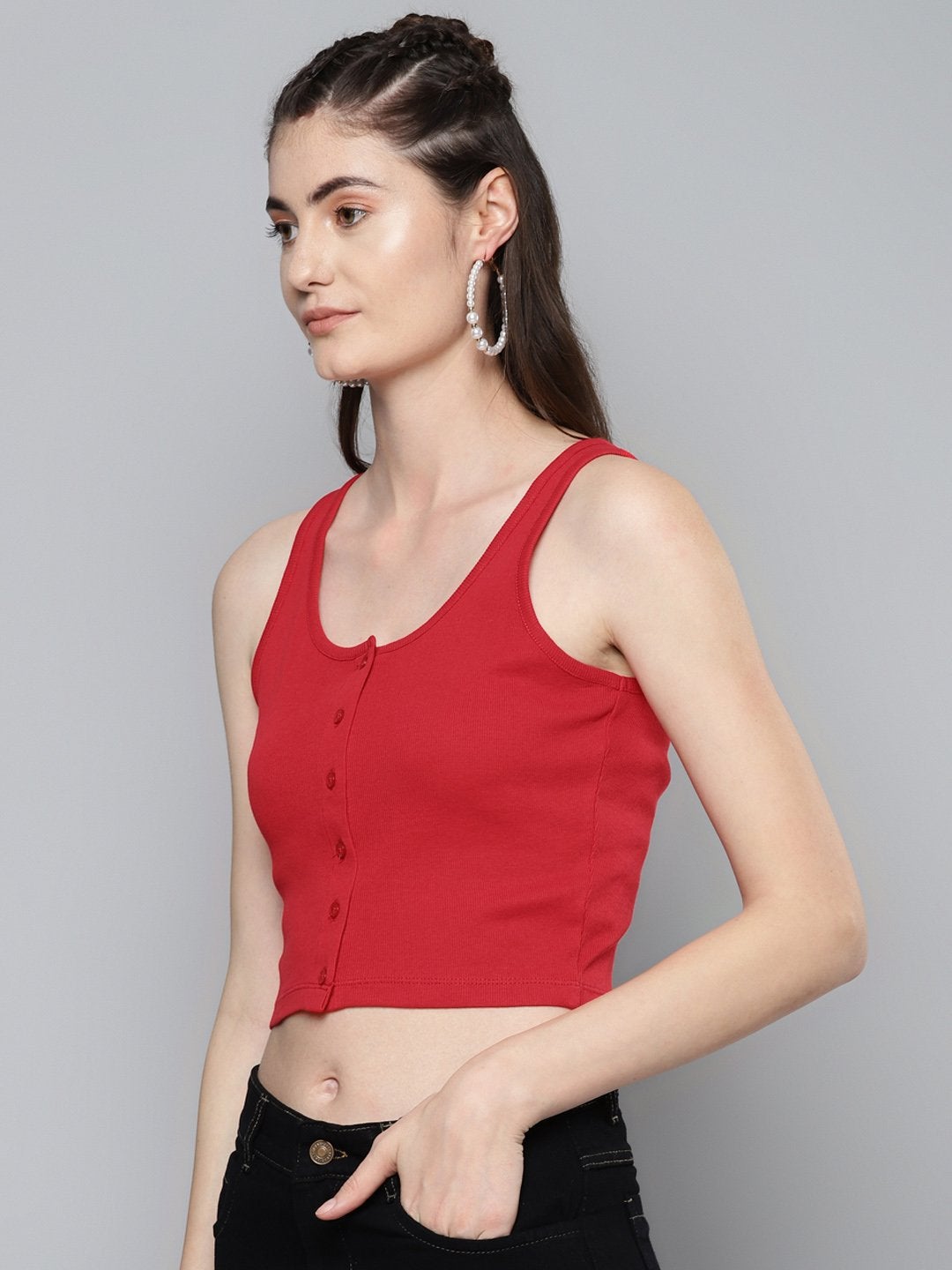 Women's Red Front Button Sleeveless Crop Top