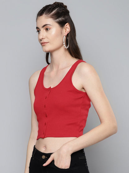 Women's Red Front Button Sleeveless Crop Top