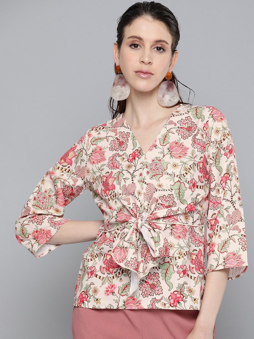 Women's Beige & Red Floral Front Knot Top