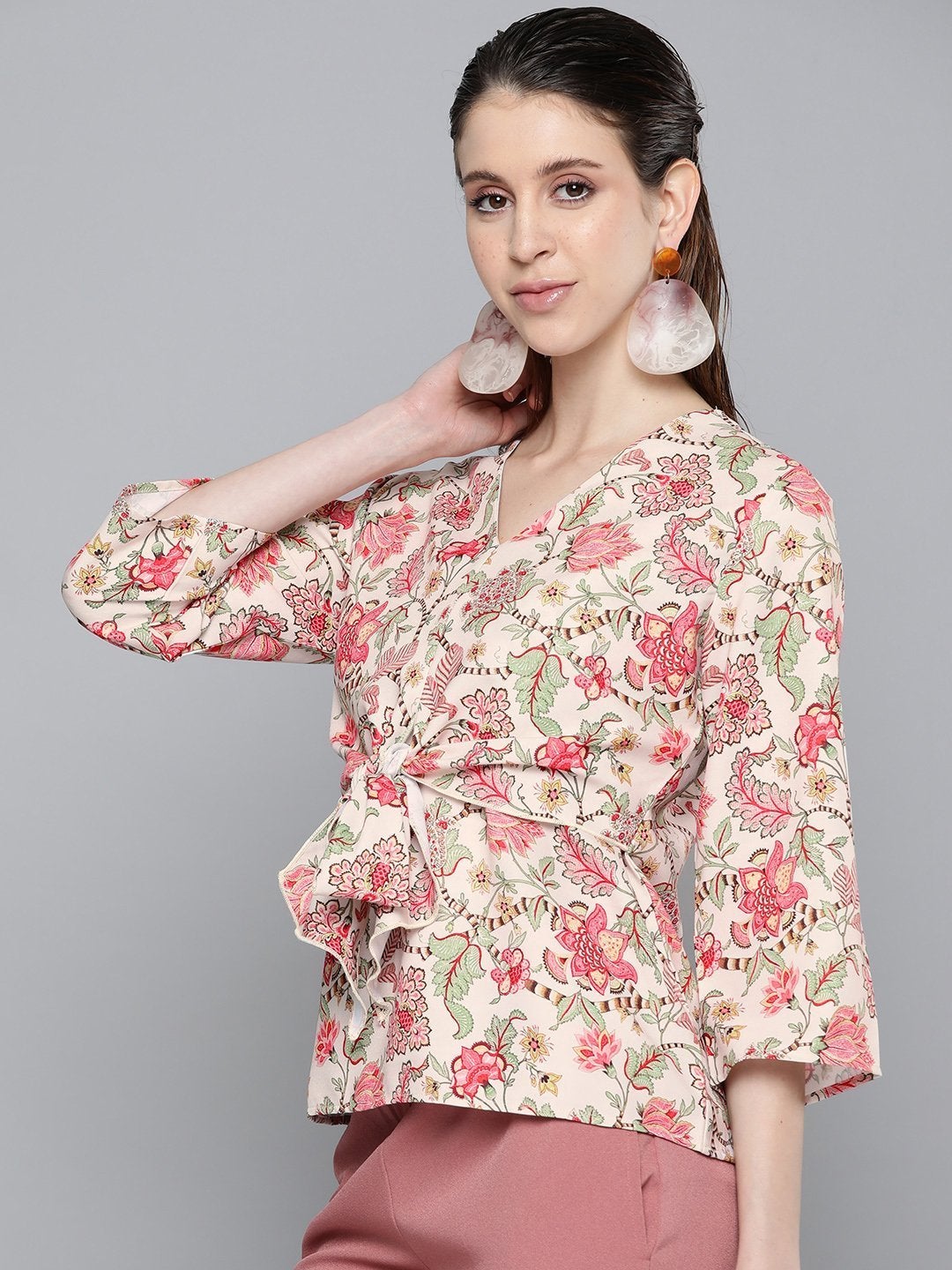 Women's Beige & Red Floral Front Knot Top