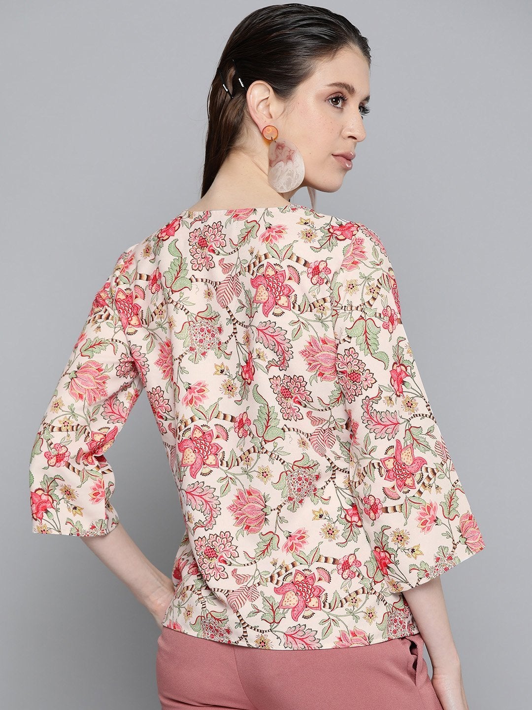 Women's Beige & Red Floral Front Knot Top
