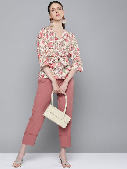 Women's Beige & Red Floral Front Knot Top