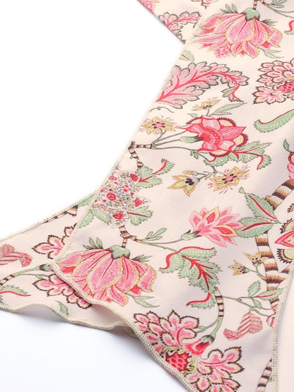 Women's Beige & Red Floral Front Knot Top