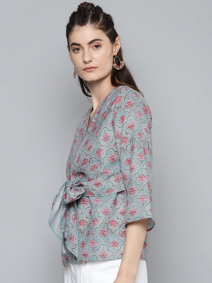 Women's Blue & Pink Floral Front Knot Top