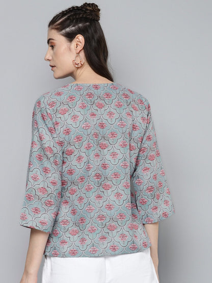 Women's Blue & Pink Floral Front Knot Top
