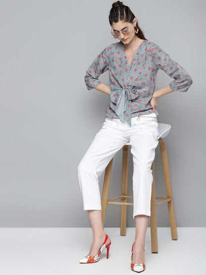 Women's Blue & Pink Floral Front Knot Top