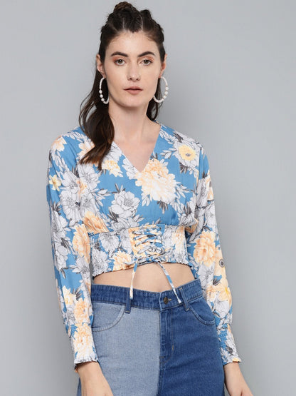 Women's Blue & Yellow Floral Criss Cross Detail Top