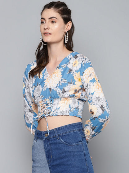 Women's Blue & Yellow Floral Criss Cross Detail Top