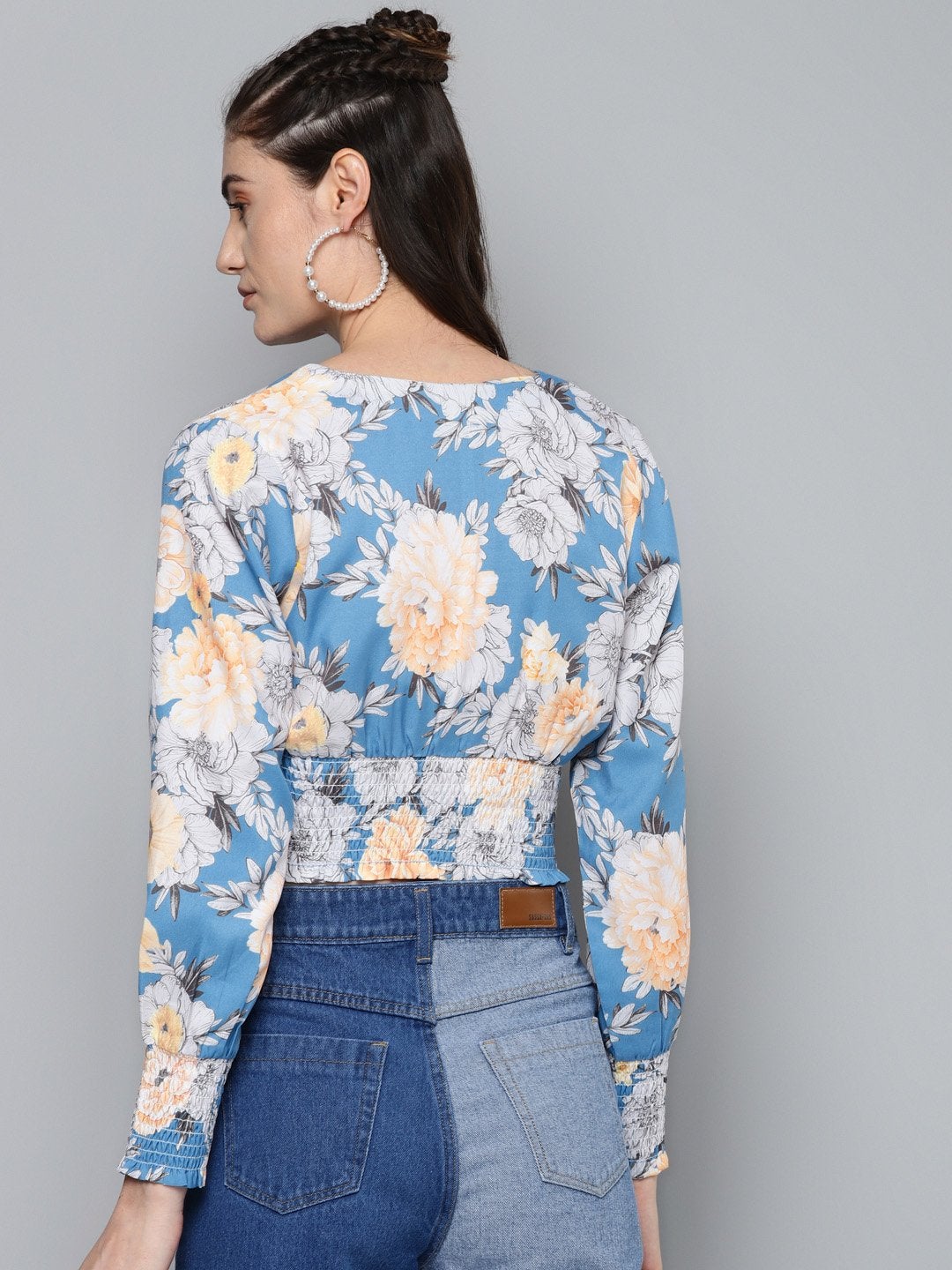 Women's Blue & Yellow Floral Criss Cross Detail Top