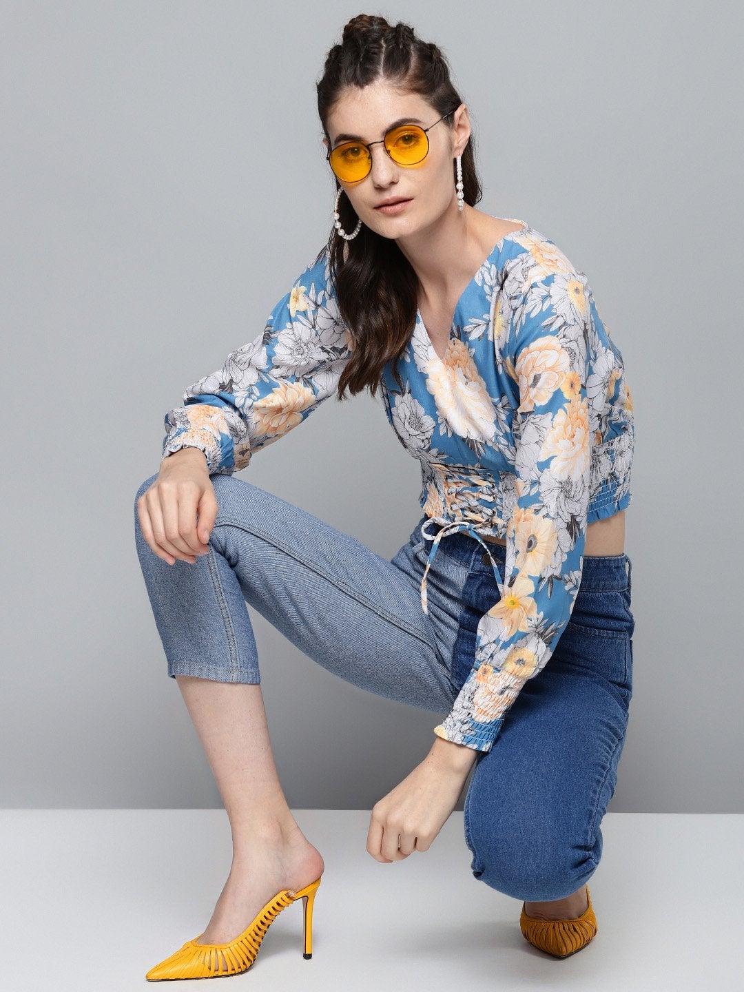 Women's Blue & Yellow Floral Criss Cross Detail Top