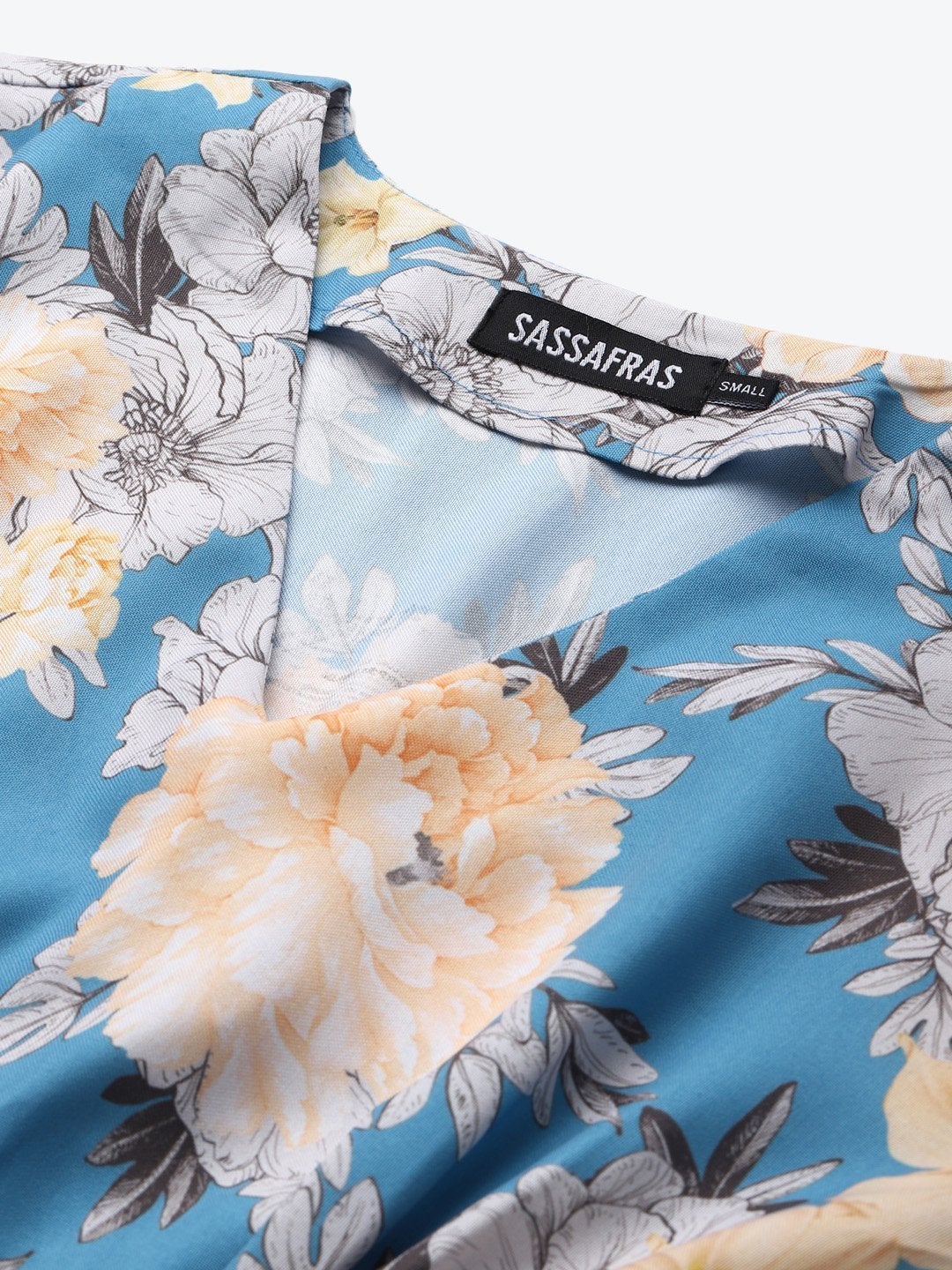 Women's Blue & Yellow Floral Criss Cross Detail Top