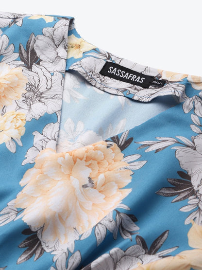 Women's Blue & Yellow Floral Criss Cross Detail Top