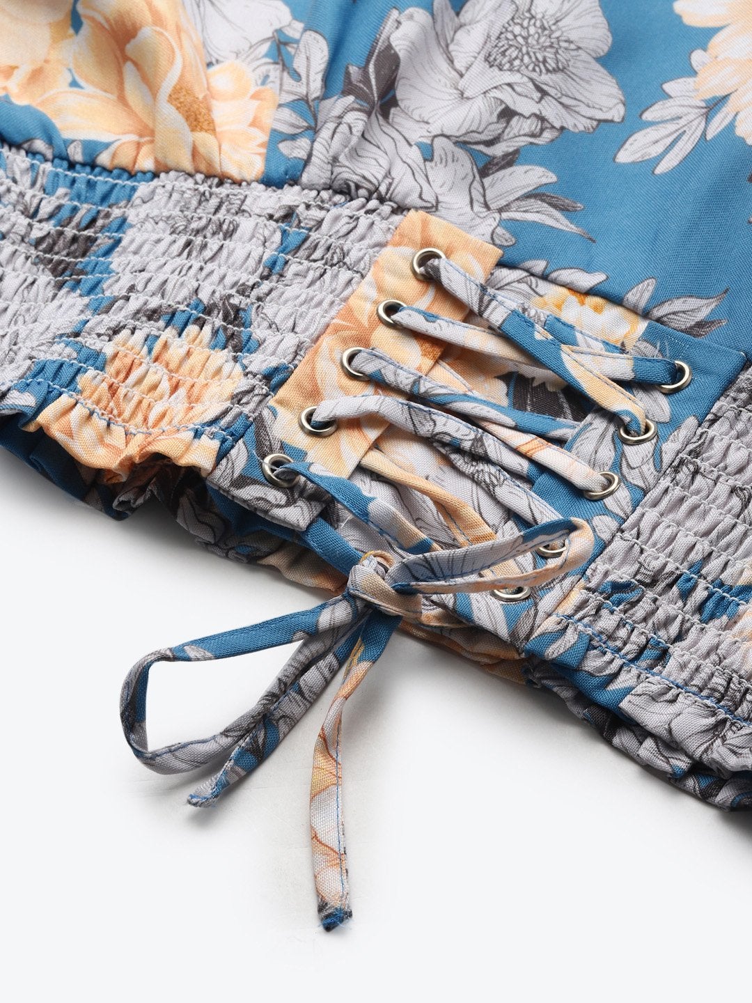 Women's Blue & Yellow Floral Criss Cross Detail Top