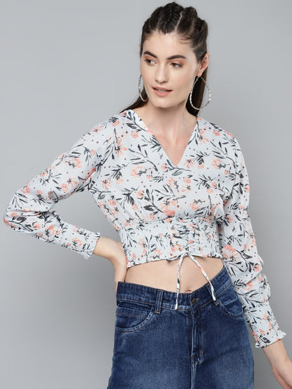 Women's White Floral Criss Cross Detail Top
