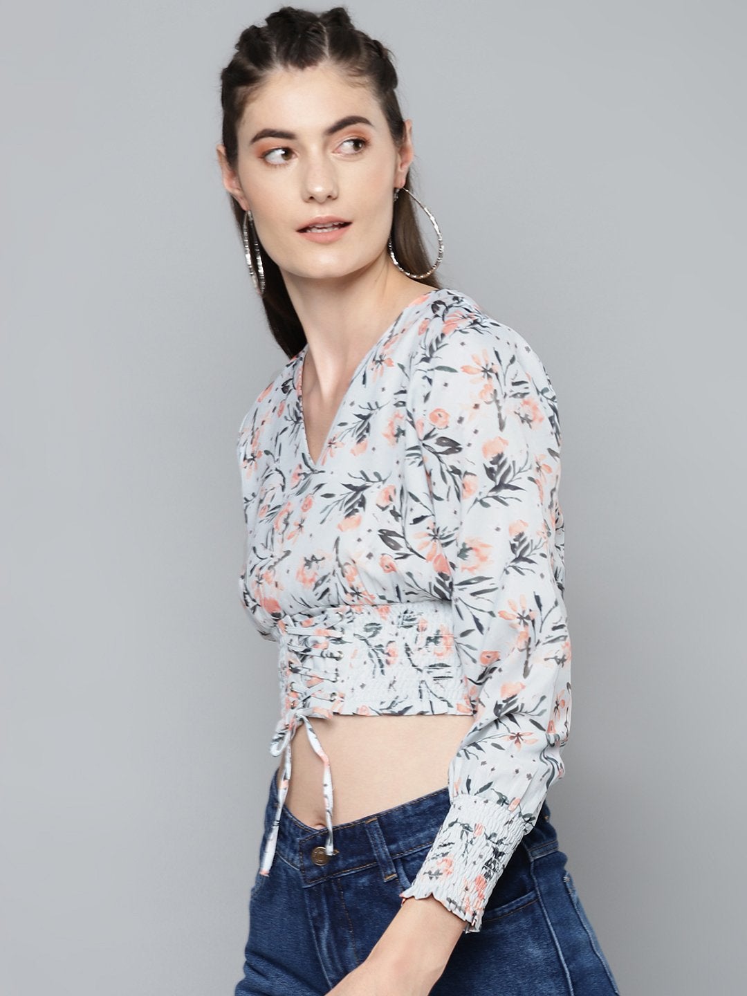 Women's White Floral Criss Cross Detail Top