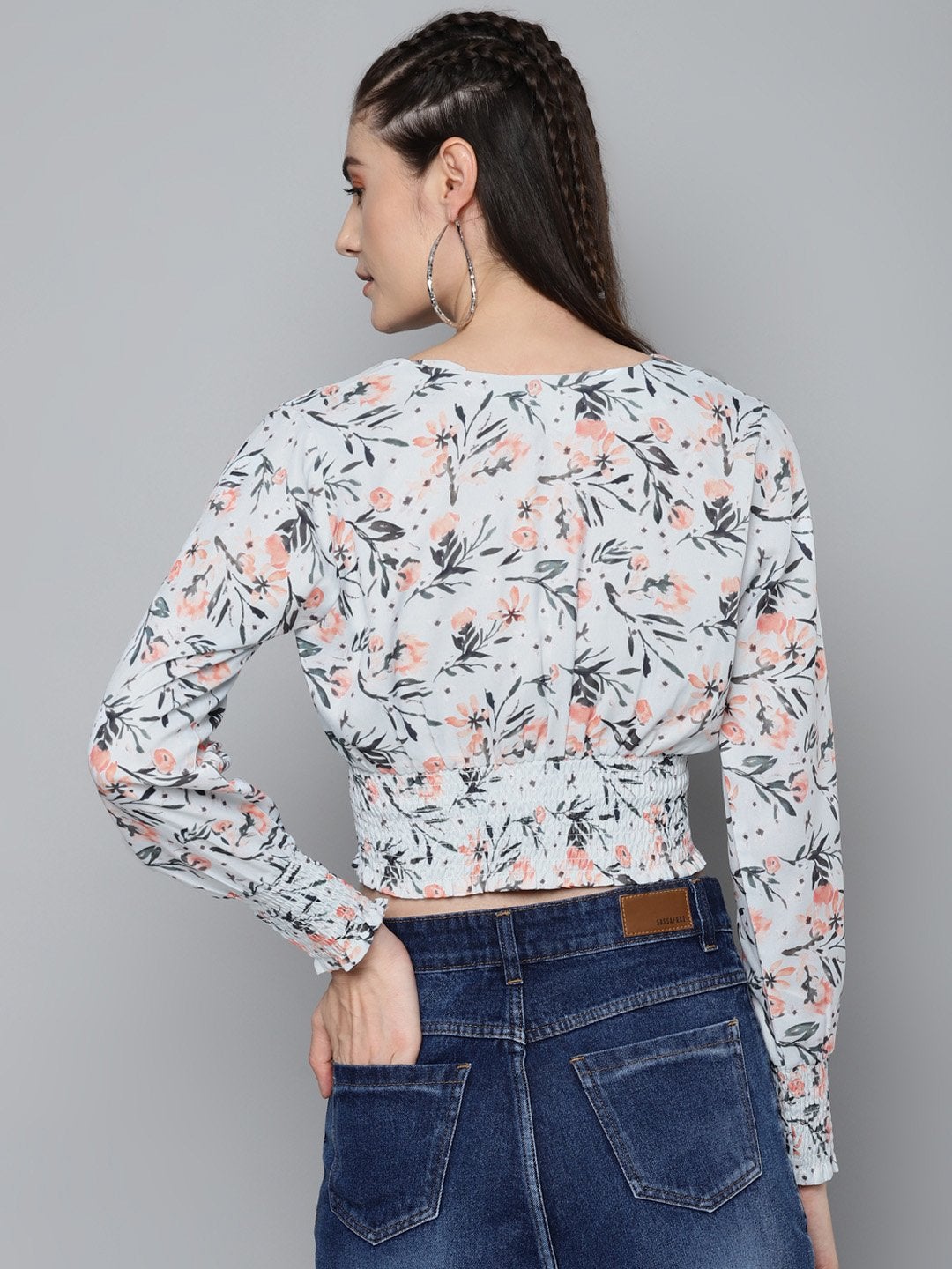 Women's White Floral Criss Cross Detail Top