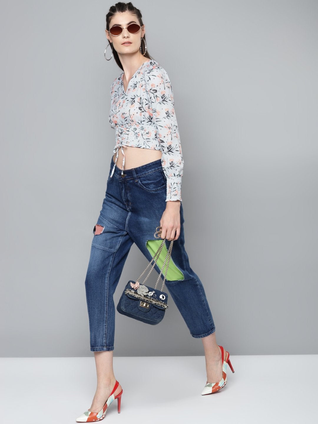 Women's White Floral Criss Cross Detail Top