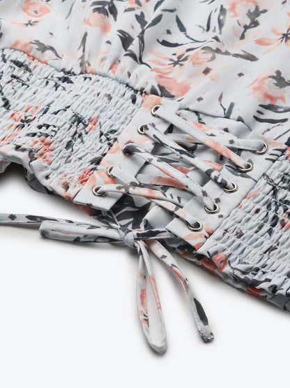 Women's White Floral Criss Cross Detail Top